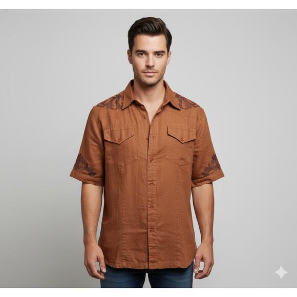 Men's Vintage Prestige 100% Linen Embroidered Shirt  Baroque Retro Gothic Sz-XL - Picture 2 of 10